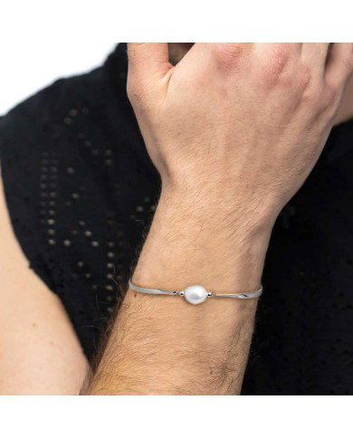 Bracciale semi rigido con tubolari twisted e perla centrale