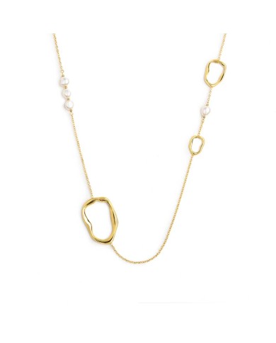 Collana catena con tre elementi di diverse dimensioni a forma organica e perle