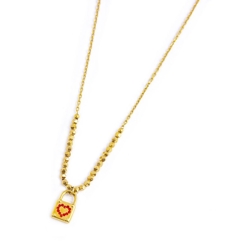 S.S.GOLD IP NECKLACE HEMATITE AND PADLOCK PENDANT S.steel gold ip necklace main chain is "O" chain, 1,20 mm width, 0,26 mm thick