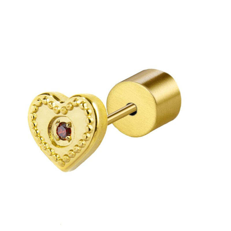 S.S. GOLD IP SINGLE EAR HEART WITH RED CZ STONE S.steel gold ip single earring with heart shape by stamping, 7,43*6,76 mm, 2 mm