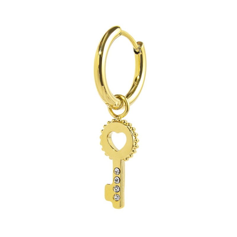 S.S. GOLD IP SINGLE ROUND EAR WITH KEY PENDANT S.steel gold ip single round earring with pressure closure, 14,70 mm diameter, 2
