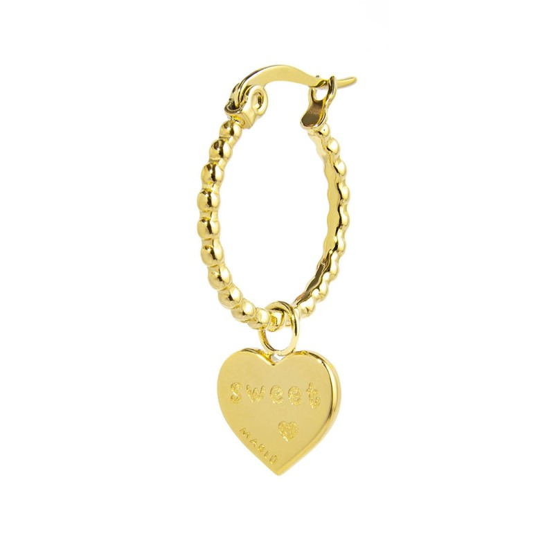 S.S.GOLD IP SINGLE ROUND EAR WITH HEART PENDANT S.steel gold ip single round earring with balls texture 16,30 mm diameter, 1,40