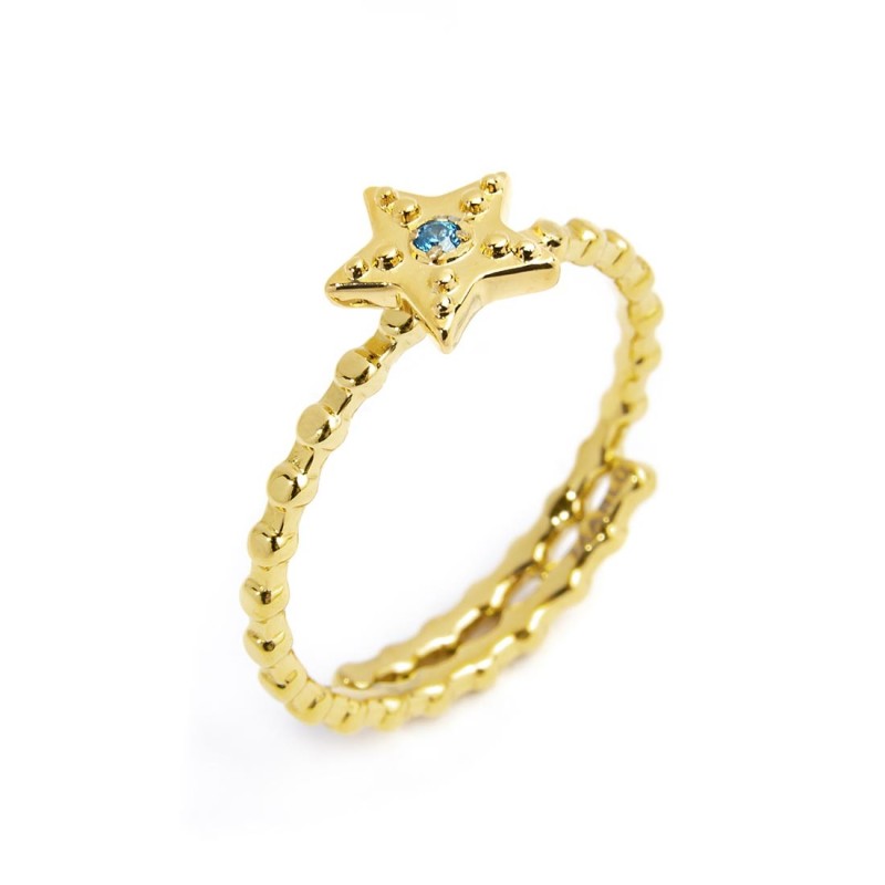 S.S GOLD IP RING STAR WITH LIGHT BLUE CZ STONE Polished s.steel gold ip with dots texture by stamping, 1,50 mm width, 1,30 mm th