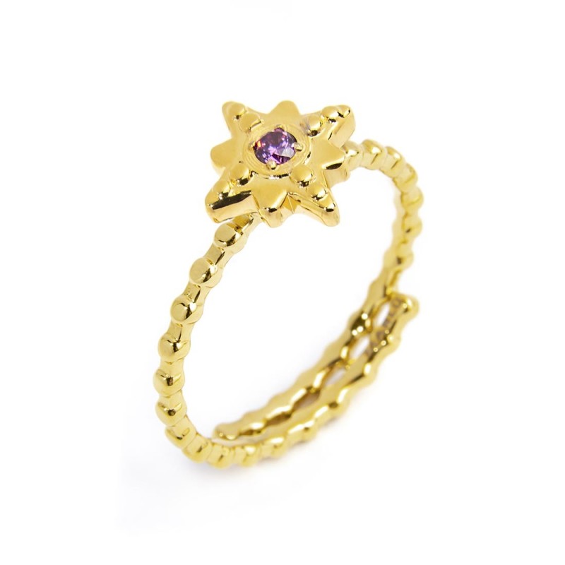 S.S GOLD IP RING WITH DOTS WIND ROSE WITH AMETHYST CZ STONE Polished s.steel gold ip ring with dots texuture by stamping, 1,50 m