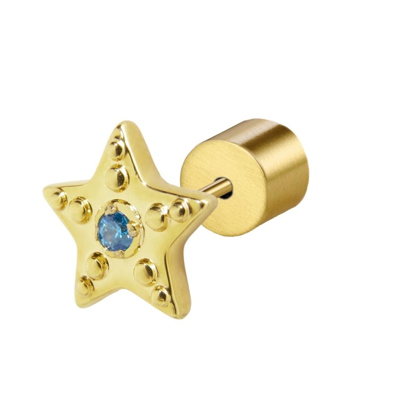S.S. GOLD IP SINGLE EAR HEART WITH LIGHT BLUE CZ STONE S.steel gold ip single earring with star shape by stamping, size 7,60*7,3