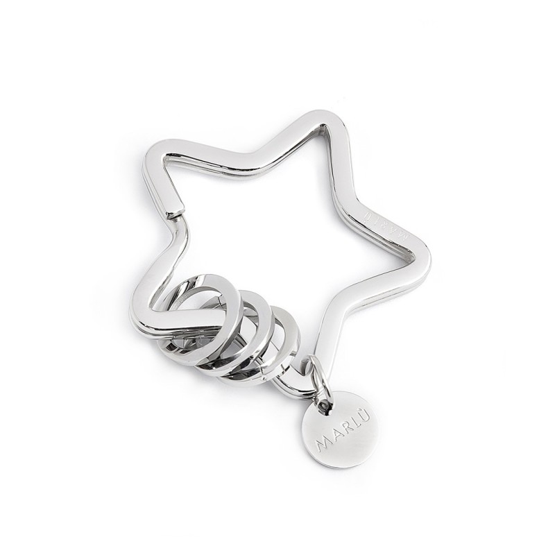 S.STEEL KEYRING STAR WITH RINGS Polished s.steel keyring star shape with 35,05*35,30 mm, 2,70 mm width, 3,30 mm thickness, with