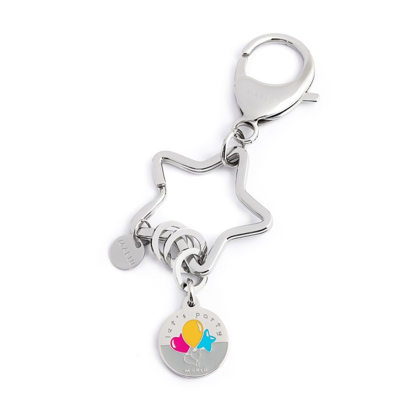 S.STEEL KEYRING STAR WITH RINGS Polished s.steel keyring star shape with 35,05*35,30 mm, 2,70 mm width, 3,30 mm thickness, with