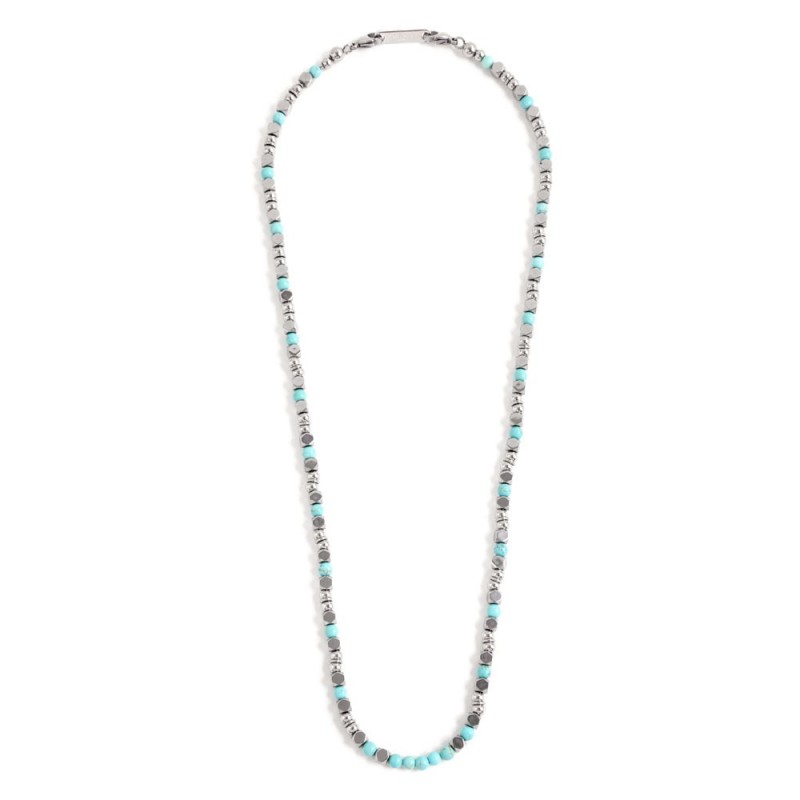 S.STEEL NECKLACE TURQUOISE STONE S.steel necklace with 4.40mm composite turquoise stone, 3.75mm hematite stone, 4.80mm and 4.00m