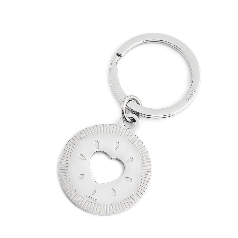 S.STEEL KEYRING WITH ROUND PENDANT "GRAZIE DI CUORE" Polished s.steel keyring with round pendant. Keyring is with 30 mm diameter