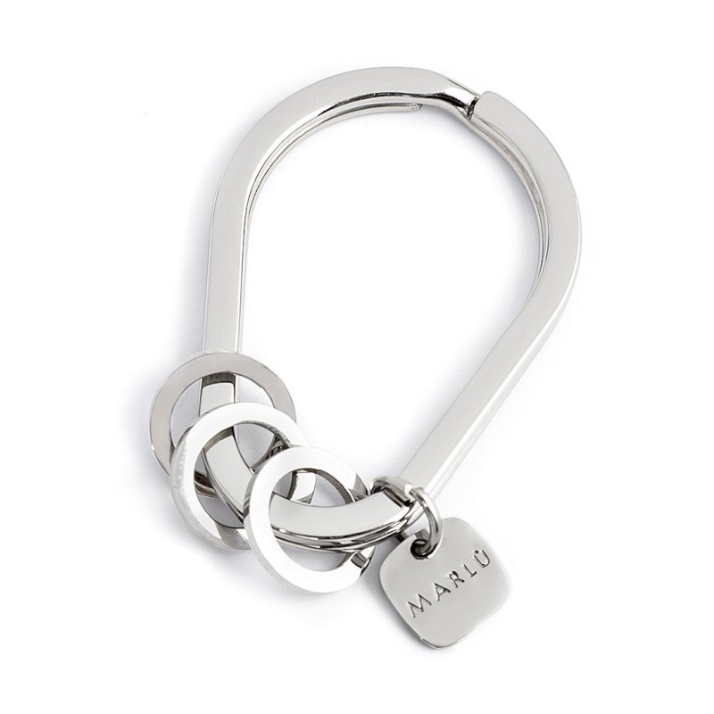 S.STEEL DROP KEYRING WITH RINGS Polished s.steel drop keyring 27,60*39,60 mm, 3 mm width 3,10 mm thickness, lasered Marlù logo
