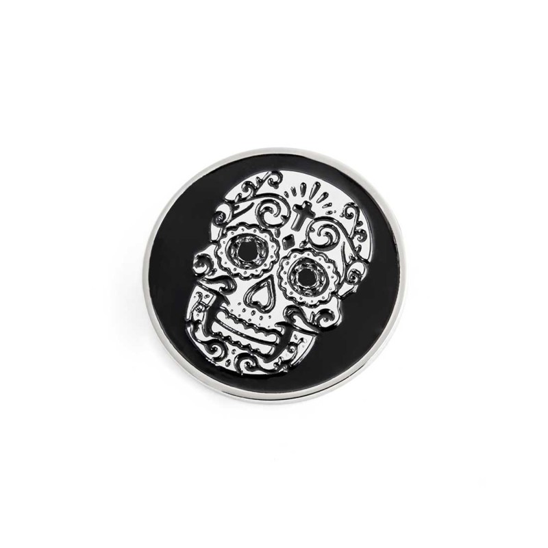 S.STEEL ROUND PLATE WITH MEXICAN SKULL Polished s.steel round plate 16,20 mm diameter, 1 mm thickness with on the front side mex