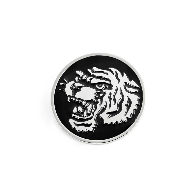 S.STEEL ROUND PLATE WITH TIGER Polished s.steel round plate 16,20 mm diameter, 1 mm thickness with on the front side in the midd
