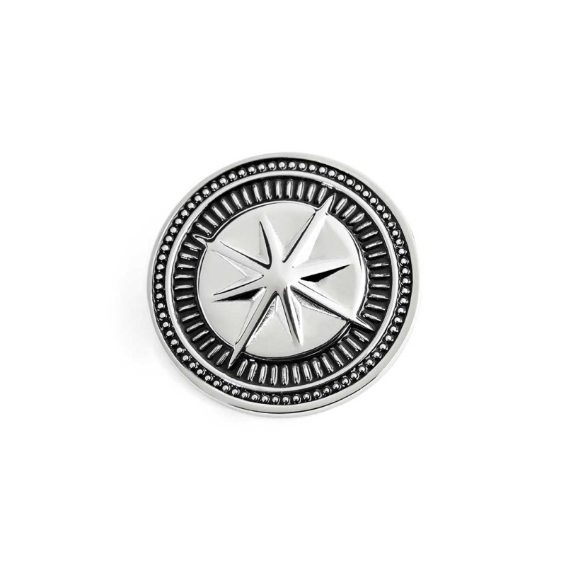 S.STEEL ROUND PLATE WITH WIND ROSE Polished s.steel round plate 16,20 mm diameter, 1 mm thickness with on the front side in the