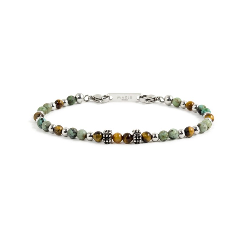 S.STEEL BRACELET GREEN AND BROWN STONE S.steel bracelet with 4.80mm composite african green stone, 4.30mm tiger eye stone, 4.80m