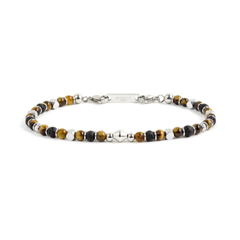 S.S. BRACELET TIGER EYE AND BLACK STONE S.steel bracelet with 4.30mm tiger eye stone, 4.90mm lava stone, 3.85mm crome hematite s
