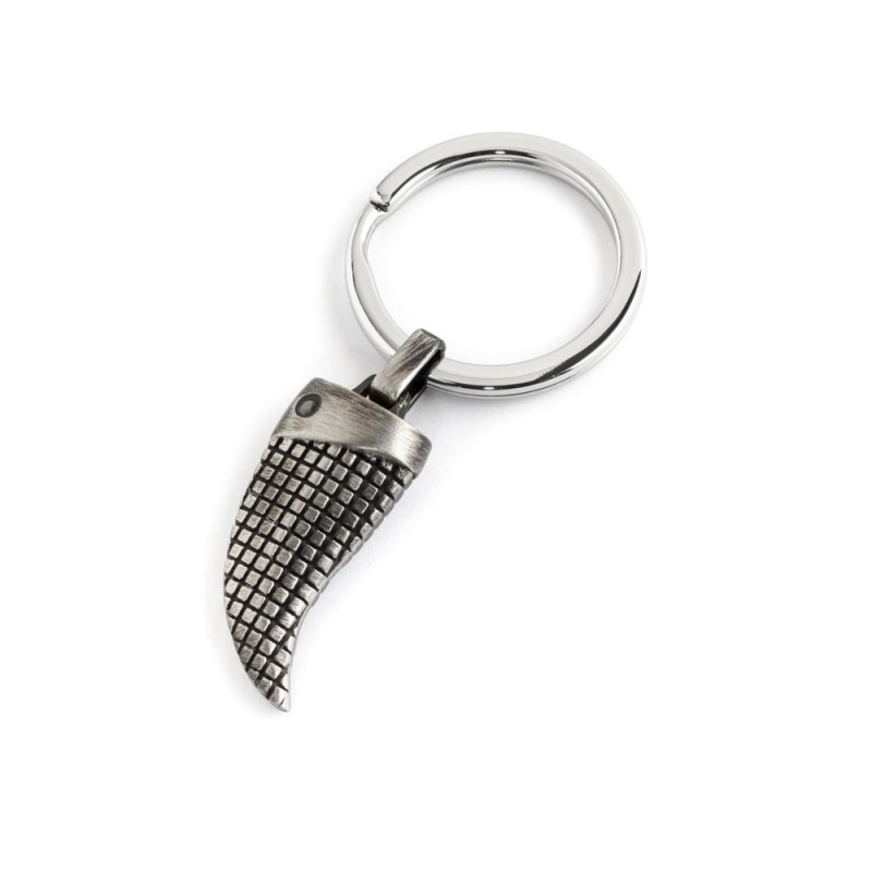BURNISHED STEEL HORN KEYRING Keyring in burnished steel with 32.7 mm ashlar horn and black cz stone.Man Class 25 Collection