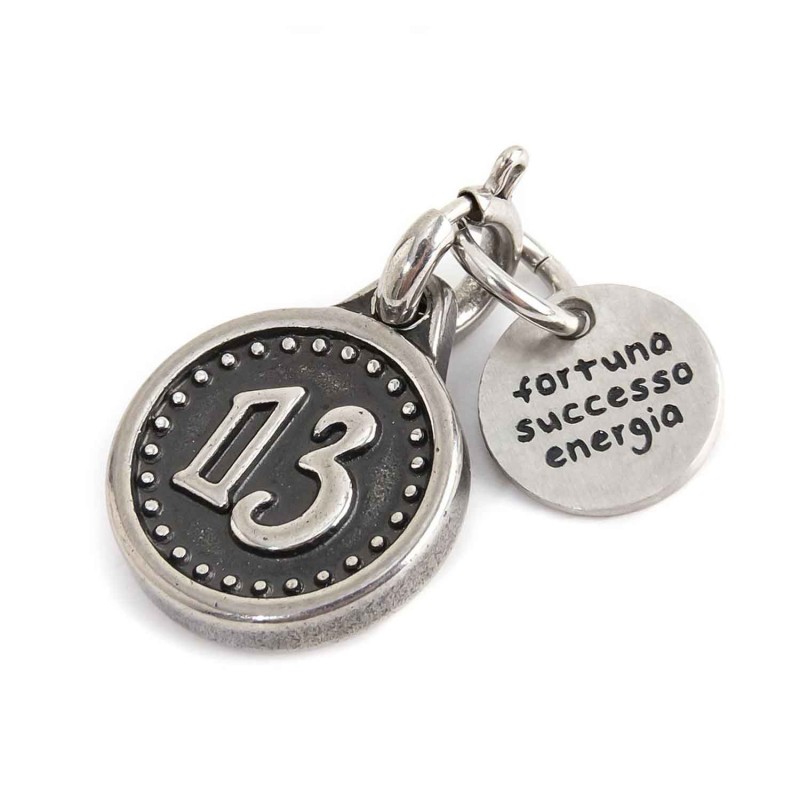 CHARM ACCAIO BRUNITO 13 Burnished steel charm with number 13, diameter 13mm and total height 16 with round tag and words "Fortun