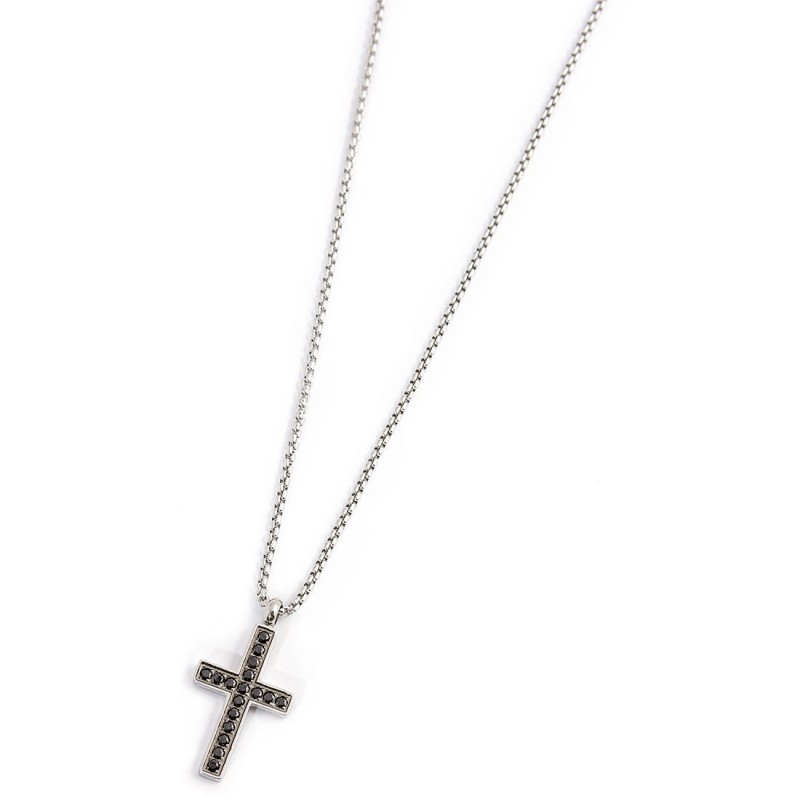 S.STEEL NECKLACE CROSS PEND 20MM WITH BLACK CRYST S.steel necklace with box rounded chain, 1,20 mm thickness, with cross shape p