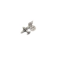 BURNISHED STEEL AIRPLANE CHARM Burnished steel charm in the shape of an airplane 14.80 x 16 mm and a round tag with the word "Vi