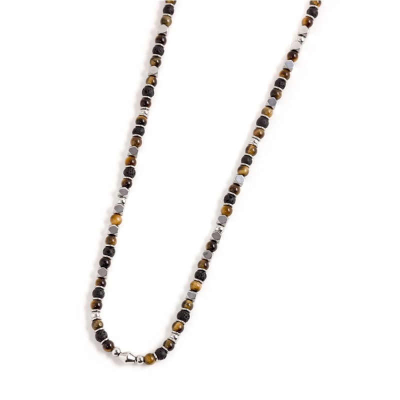 S.STEEL NECKLACE BROWN AND BLACK STONE S.steel necklace with 4.30mm tiger eye stone, 4.90mm lava stone, 3.85mm hematite stone, 4