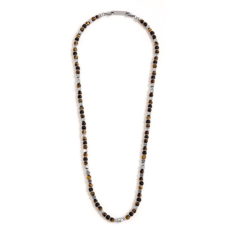 S.STEEL NECKLACE BROWN AND BLACK STONE S.steel necklace with 4.30mm tiger eye stone, 4.90mm lava stone, 3.85mm hematite stone, 4