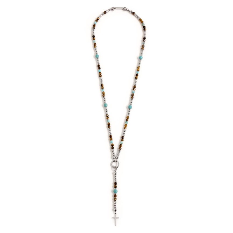 S.STEEL Y NECKLACE BROWN AND TURQUOISE S.steel "Y" necklace with 4.10mm faceted tiger eye stone, 4.40mm and 6.00mm composite tur