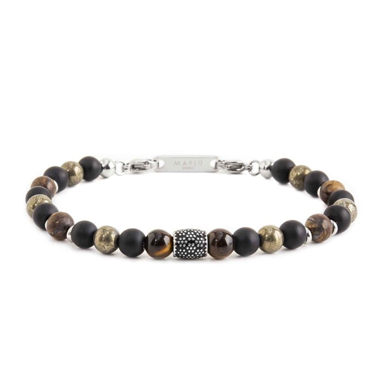 BR BLACK AGATA AND TIGER EYE BEADS S.steel polished bracelet, on center with s.steel cylider with black oil flowers texture 6.70