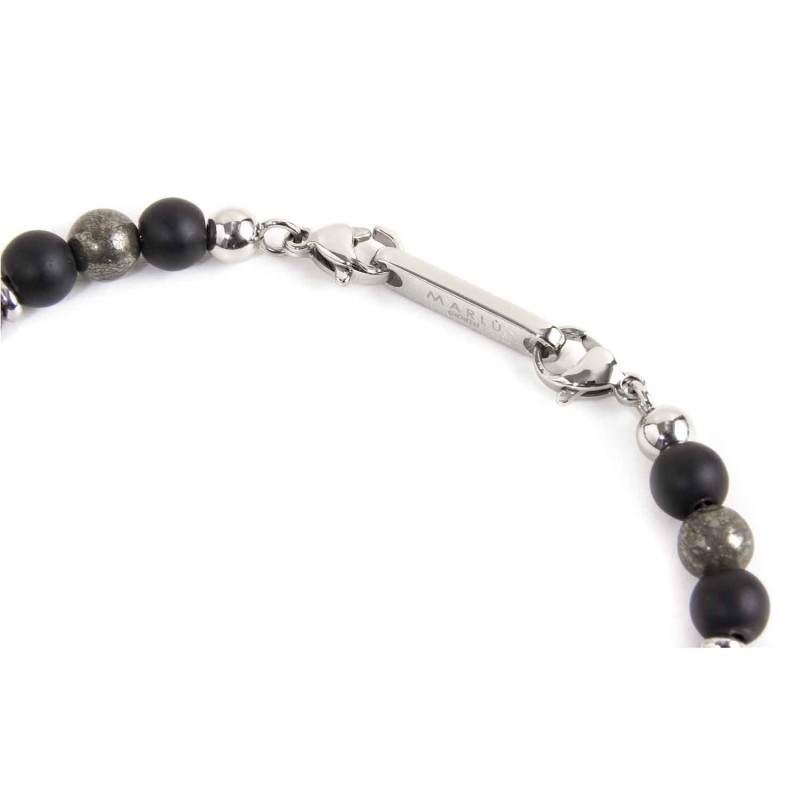 BR BLACK AGATA AND TIGER EYE BEADS S.steel polished bracelet, on center with s.steel cylider with black oil flowers texture 6.70