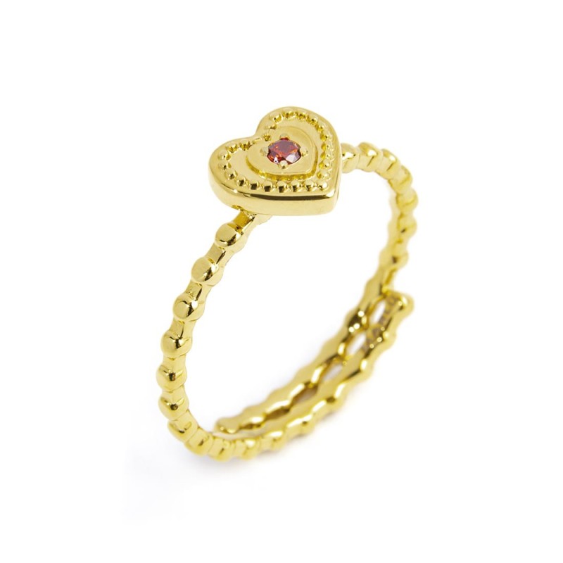 S.S. G.IP RING WITH HEART WITH RED CZ STONE SIZE 52 Polished s.steel gold ip ring with dots texuture, width 1,50 mm, thickness 1