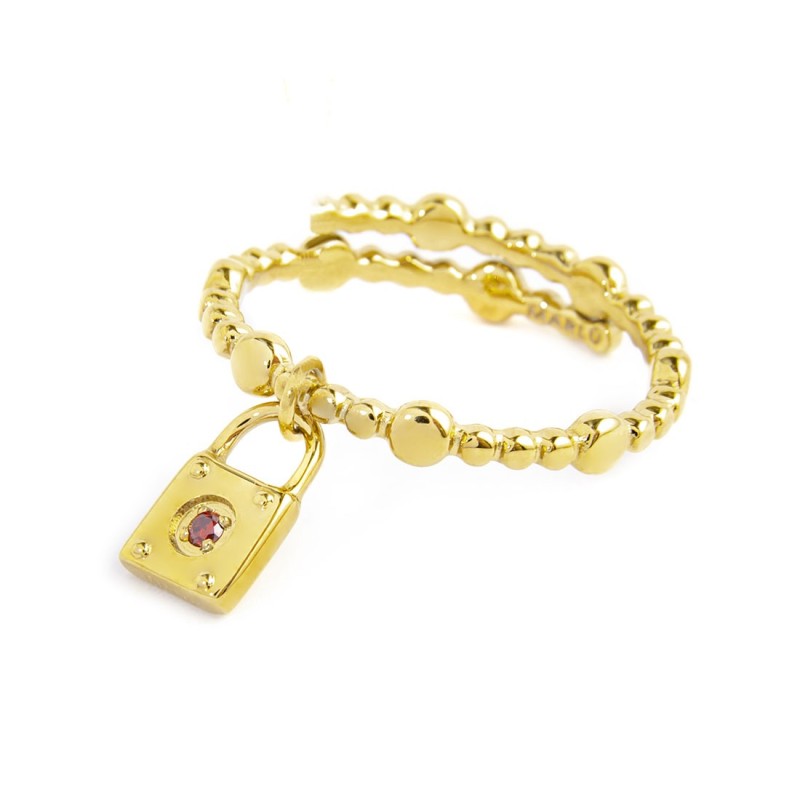 S.S GOLD IP RING PADLOCK PEND WITH RED CRYSTAL SIZE 52 Polished s.steel gold ip with dots texture by stamping, 1,50 mm width, 1,