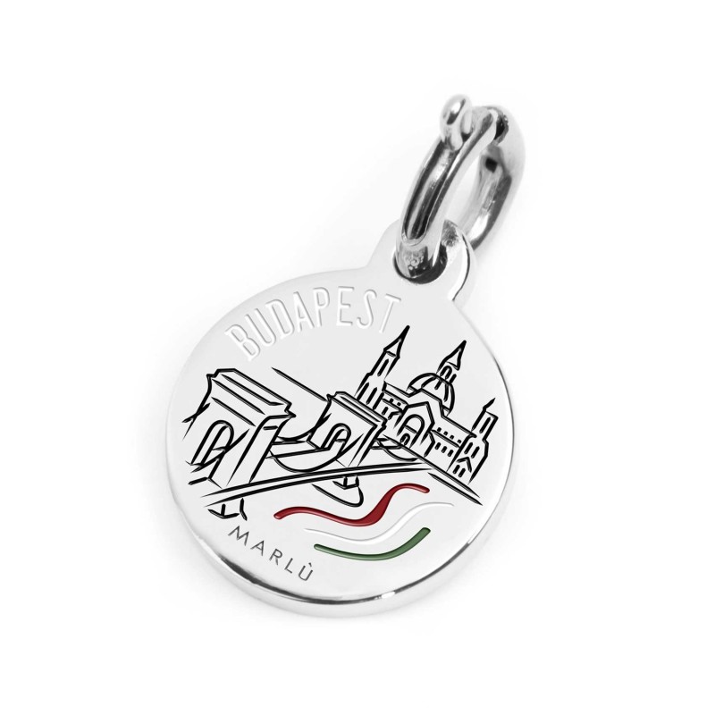 S.STEEL CHARM BUDAPEST S.steel round charm with Budapest city's symbols image, 14 mm diameter. On the front side lettering in bl