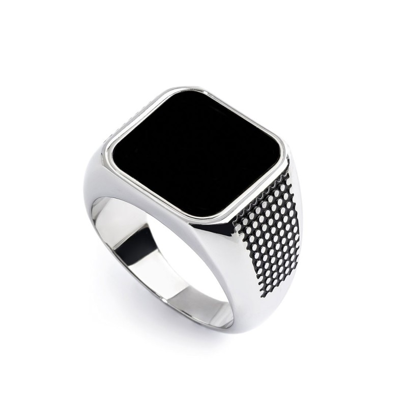 Anello changy quadrato con piastrina smalto nero