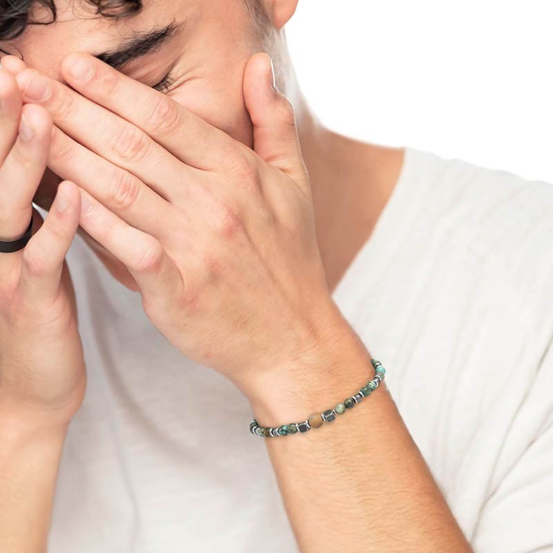 S.STEEL BRACELET GREEN STONE S.steel bracelet with 4.80mm composite african green stone, 6.60mm tiger eye stone, 4.80mm and 4mm